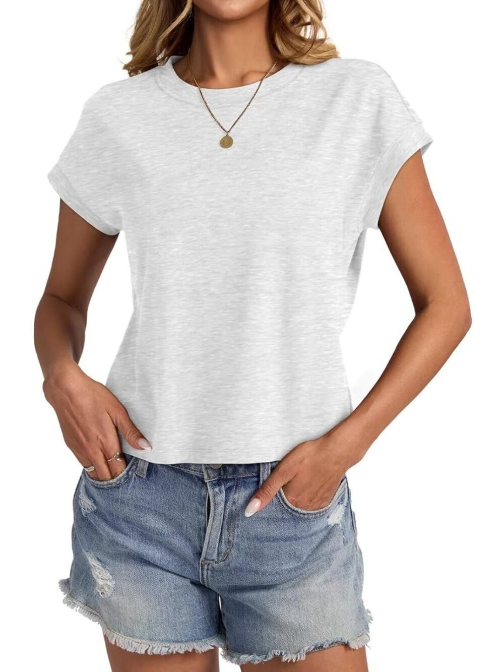 〽️Women Light Grey Cap Sleeve Crewneck Loose Fit Casual Summer Pull On Crop Tops